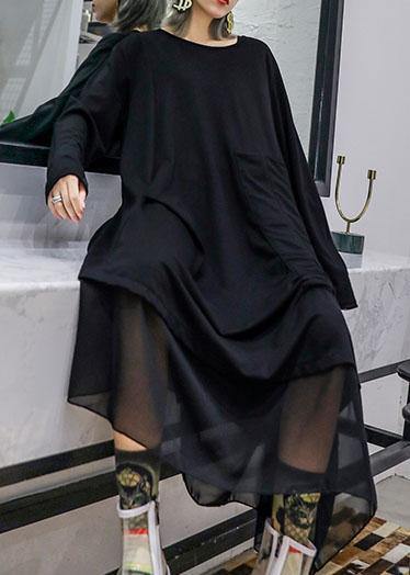 Modern black patchwork cotton tunic top Cinched cotton robes fall Dresses - SooLinen