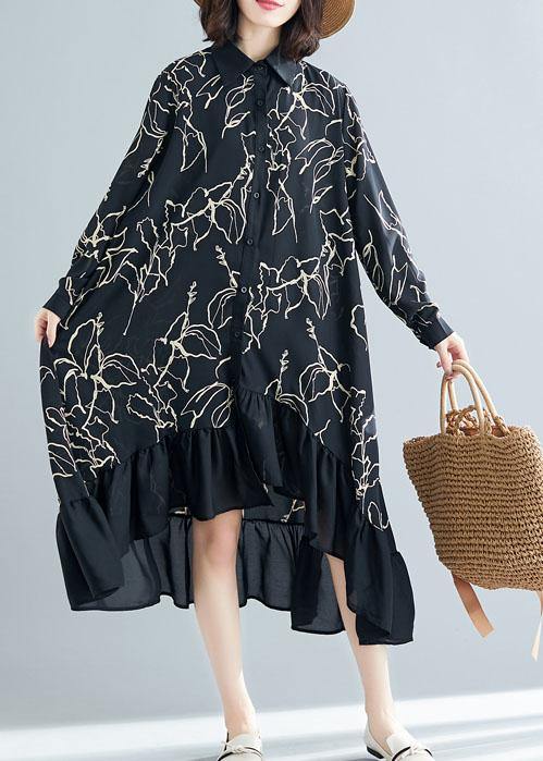Modern black prints cotton dresses ruffles Plus Size summer Dresses - SooLinen