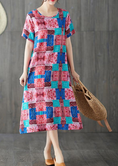 Modern blue prints cotton linen clothes For Women short sleeve wild long summer Dresses - SooLinen