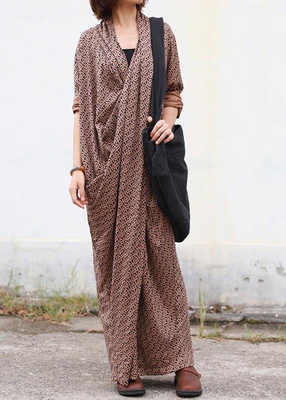 Modern chocolate print dresses asymmetric v neck Plus Size Dress - SooLinen