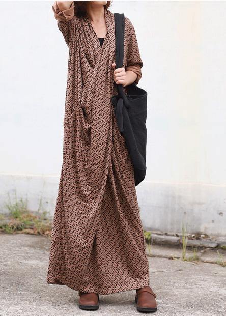 Modern chocolate print dresses asymmetric v neck Plus Size Dress - SooLinen