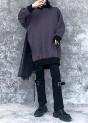 Modern gray cotton clothes For Women patchwork tunic o neck Sweatshirt - SooLinen