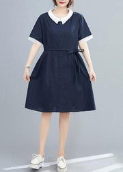 Modern lapel tie waist summer clothes For Women Neckline navy Dresses - SooLinen