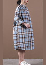 Modern lapel Cinched spring Long Shirts Work Outfits blue plaid Dresses - SooLinen