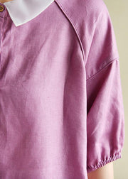 Modern light purple clothes For Women lapel half sleeve silhouette summer shirts - SooLinen