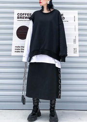 Modern o neck false two pieces cotton clothes pattern black tops - SooLinen