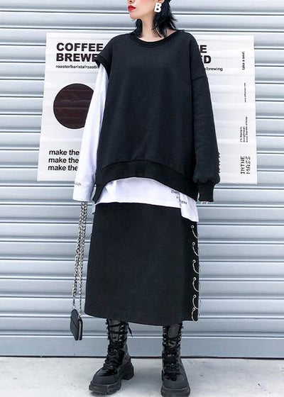 Modern o neck false two pieces cotton clothes pattern black tops - SooLinen