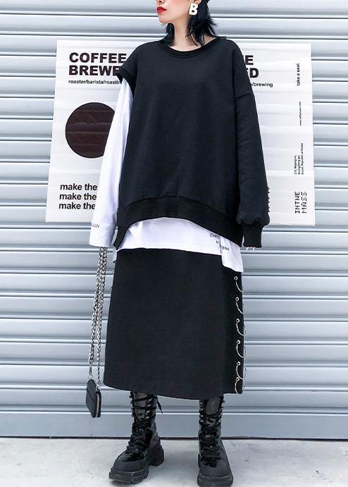 Modern o neck false two pieces cotton clothes pattern black tops - SooLinen