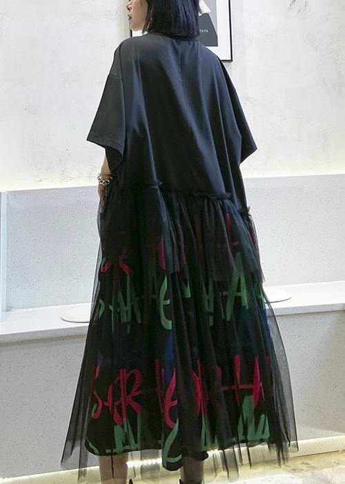 Modern o neck patchwork tulle cotton summer Tunics Inspiration black Maxi Dress - SooLinen