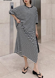 Modern o neck side open design black striped loose Dresses - SooLinen