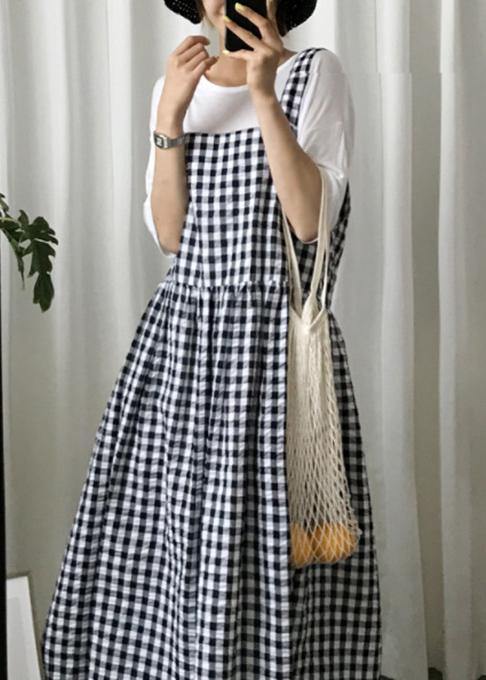 Modern plaid linen cotton quilting clothes Spaghetti Strap Cinched Kaftan Dress - SooLinen
