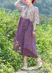 Modern purple patchwork Cotton clothes v neck Plus Size summer floral Dresses - SooLinen