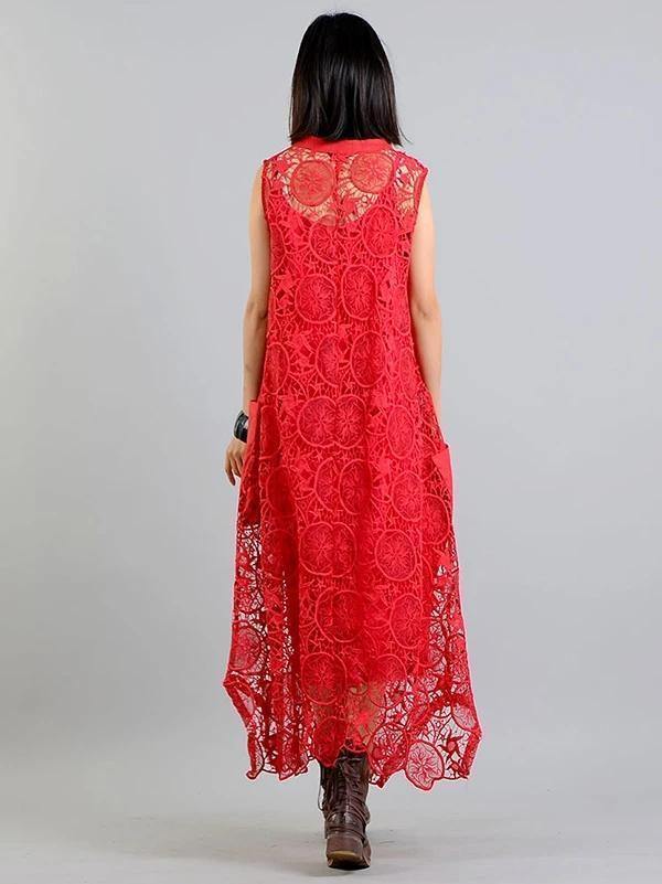 Modern red clothes For pockets asymmetric Art summer Dress - SooLinen
