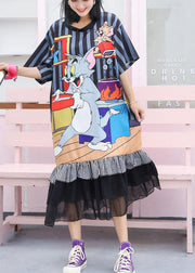 Modern ruffles cotton clothes Women Runway navy prints Maxi Dress - SooLinen