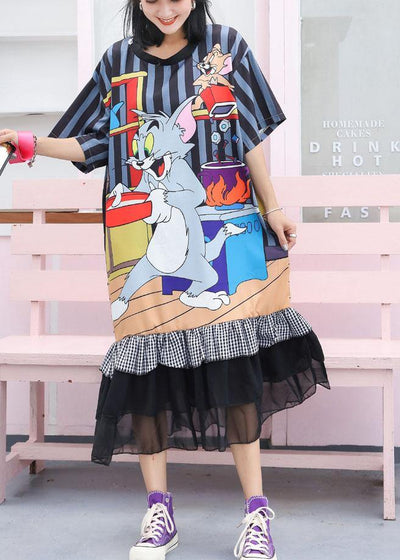 Modern ruffles cotton clothes Women Runway navy prints Maxi Dress - SooLinen