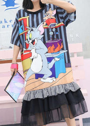 Modern ruffles cotton clothes Women Runway navy prints Maxi Dress - SooLinen