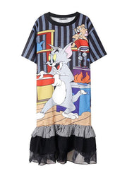 Modern ruffles cotton clothes Women Runway navy prints Maxi Dress - SooLinen