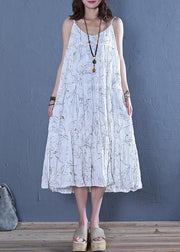 Modern white print cotton clothes For Women Spaghetti Strap Maxi  Dress - SooLinen