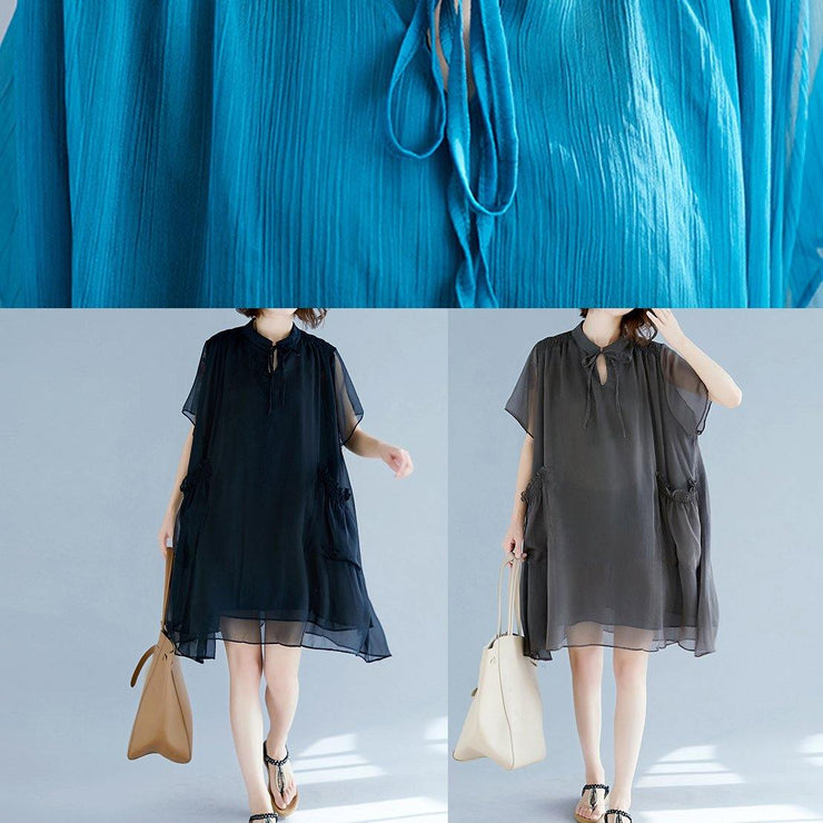 Mu stand collar pockets chiffon Women plus size Shirts khaki A Line Dress Summer - SooLinen