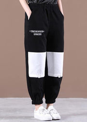 Natural Black Elastic Waist Patchwork Pants Summer Cotton - SooLinen