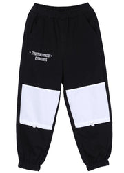 Natural Black Elastic Waist Patchwork Pants Summer Cotton - SooLinen