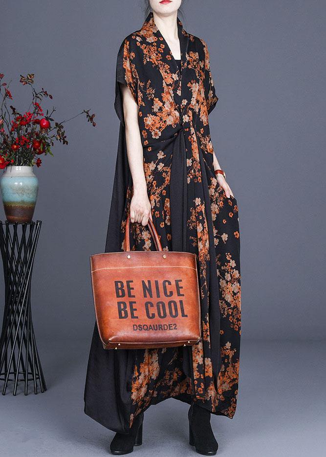 Natural Black Print Patchwork Silk Summer Maxi Dress - SooLinen