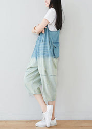 Natural Blue Casual Pockets Button Gradient Color Fall Rompers Cotton - SooLinen