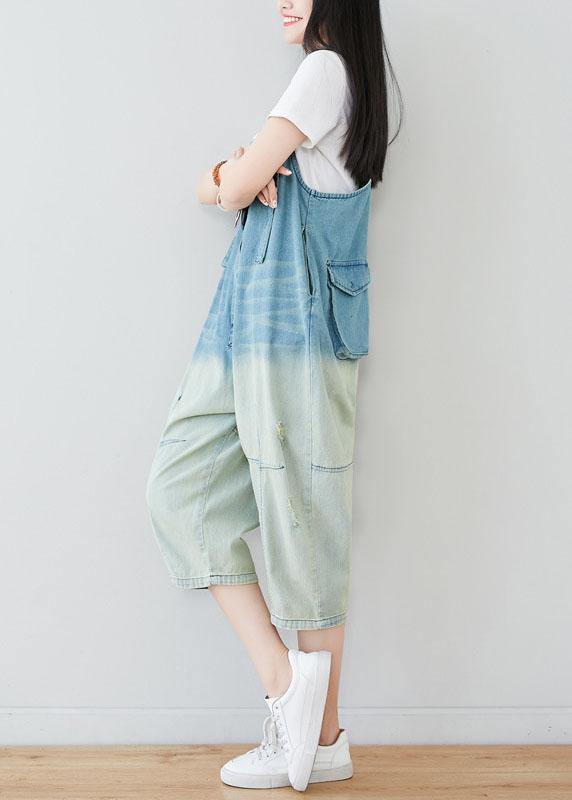 Natural Blue Casual Pockets Button Gradient Color Fall Rompers Cotton - SooLinen