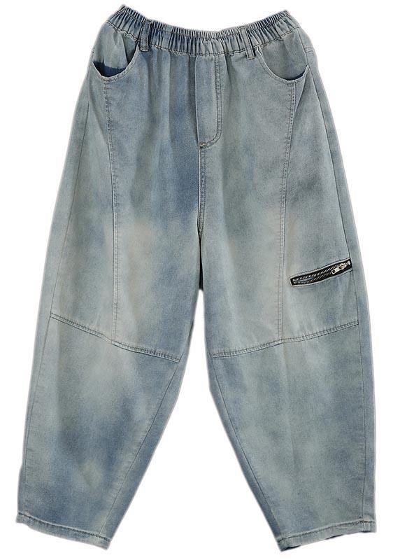 Natural Blue High Waist zippered Harem Summer Pants - SooLinen