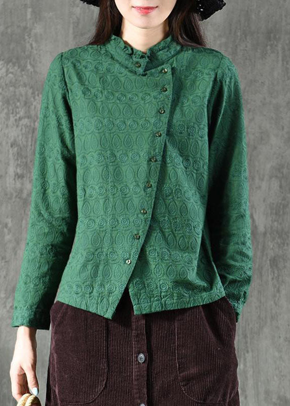 Naturgrüne, gekräuselte Jacquard-Knopfoberteile mit langen Ärmeln