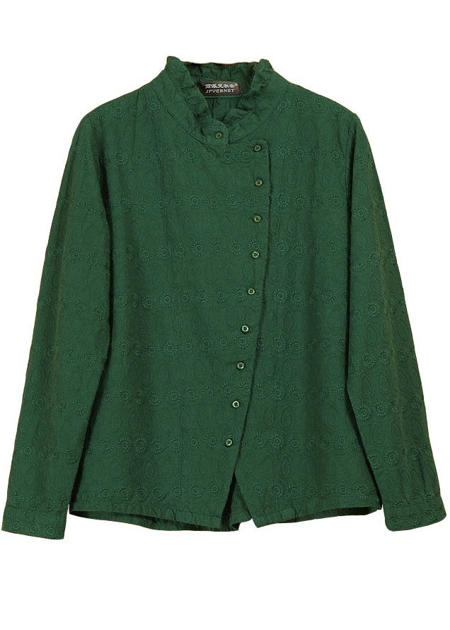 Naturgrüne, gekräuselte Jacquard-Knopfoberteile mit langen Ärmeln