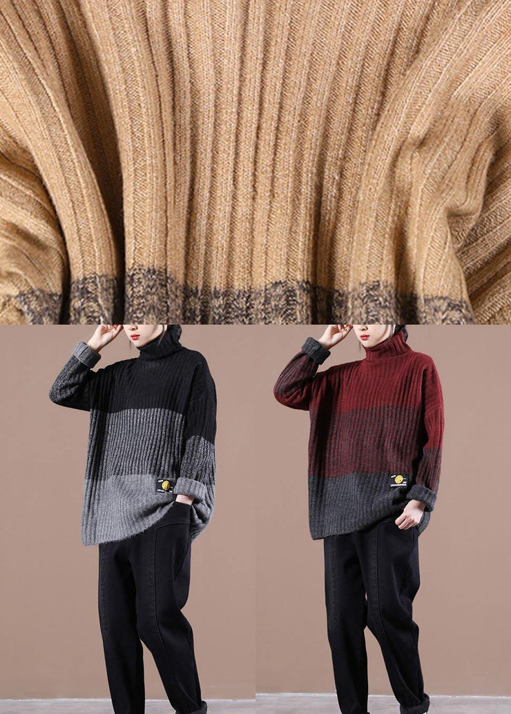 Natural Khaki Colorblock High neck Fall Knit Sweater - SooLinen