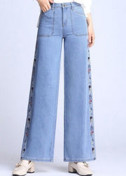 Natural Light Blue Embroideried Pockets Draping Cotton Women's Straight Pants Spring