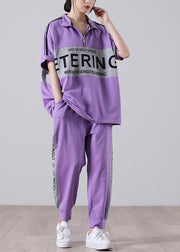Natural Light Purple Graphic zippered Two Pieces Set Summer Cotton - SooLinen