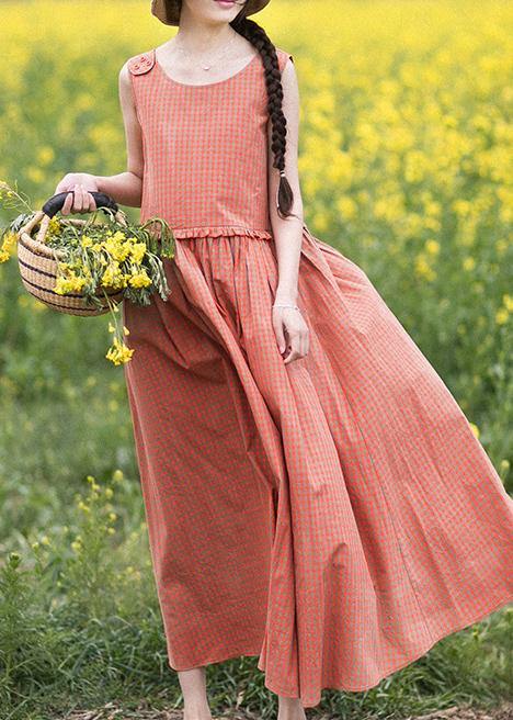 Natural O-Neck Summer Wardrobes Outfits Orange Plaid Sleeveless Dresses - SooLinen