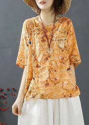 Natural Orange Print low high design Tops Half Sleeve