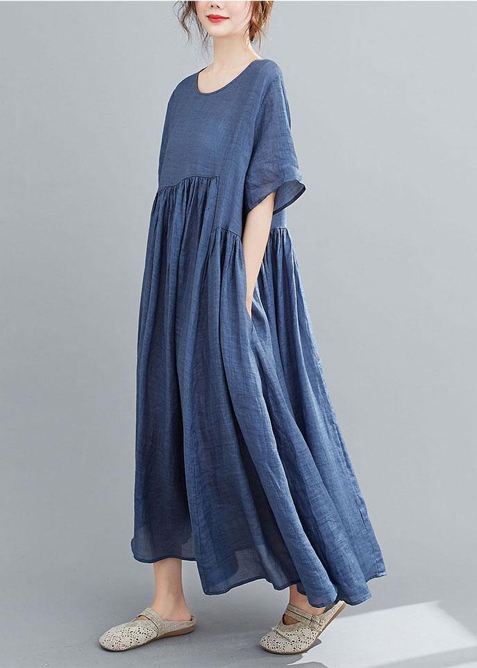 Natural Purple Pockets Short Sleeve Robe Cotton Linen Dresses - SooLinen