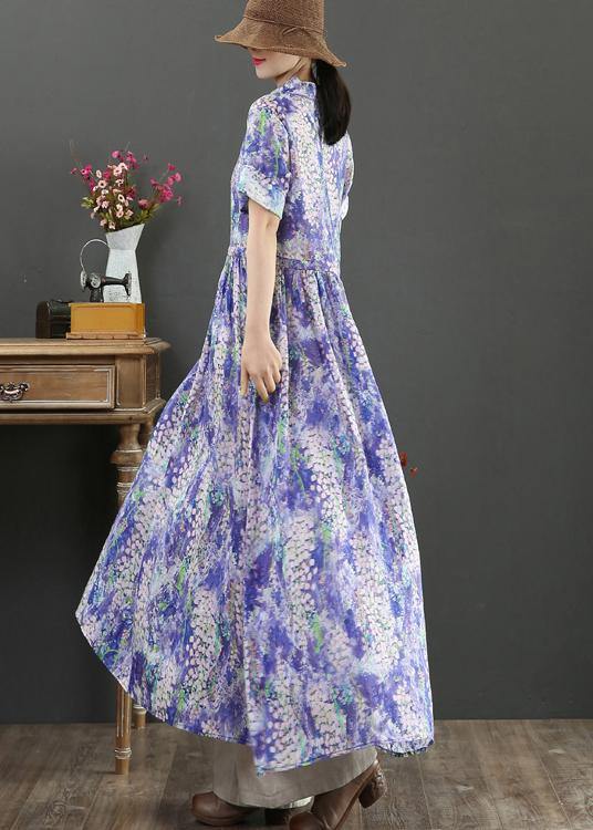 Natural Purple Print Dresses V Neck Drawstring Plus Size Summer Dresses - SooLinen