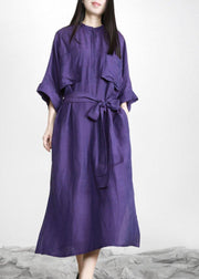 Natural Purple Tunic V Neck Pockets Holiday Linen Dress - SooLinen