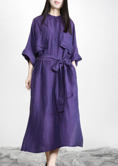 Natural Purple Tunic V Neck Pockets Holiday Linen Dress - SooLinen