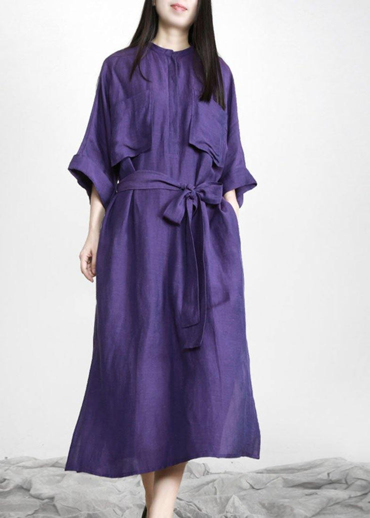 Natural Purple Tunic V Neck Pockets Holiday Linen Dress - SooLinen