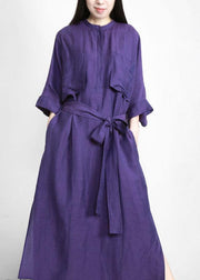 Natural Purple Tunic V Neck Pockets Holiday Linen Dress - SooLinen