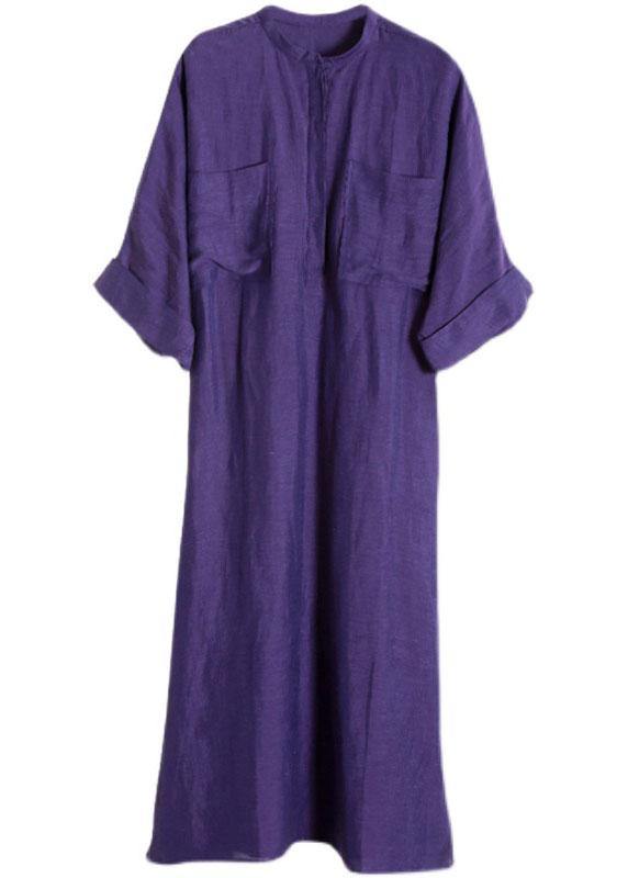 Natural Purple Tunic V Neck Pockets Holiday Linen Dress - SooLinen