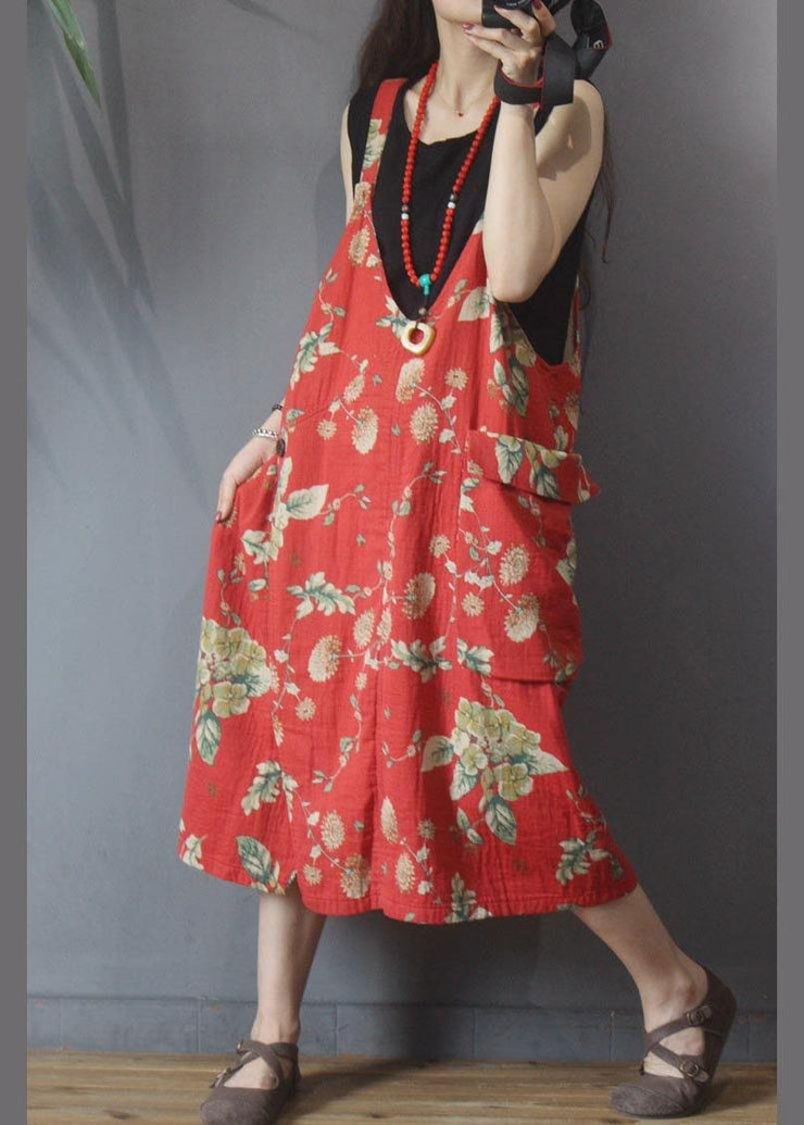 Natural Red Print Pockets carpenter Maxi Dress Summer Cotton Linen - SooLinen