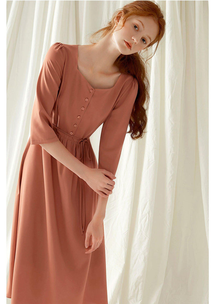 Natural Square Collar blended dress Tutorials red high waist Maxi Dresses fall - SooLinen