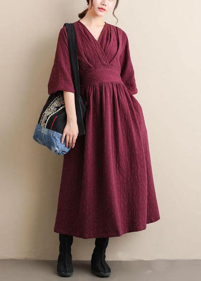 Natural V Neck Cinched Spring Quilting Clothes Pattern Burgundy Maxi Dress - SooLinen