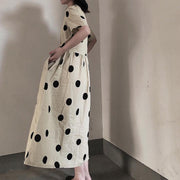 Natural V Neck Wrinkled Spring Tunics Work Outfits Dotted Long Dresses - SooLinen