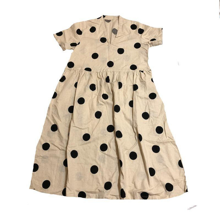 Natural V Neck Wrinkled Spring Tunics Work Outfits Dotted Long Dresses - SooLinen