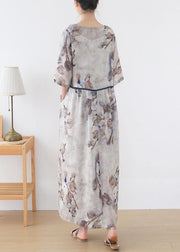Natural White Print Cinched Summer Linen Dress - SooLinen