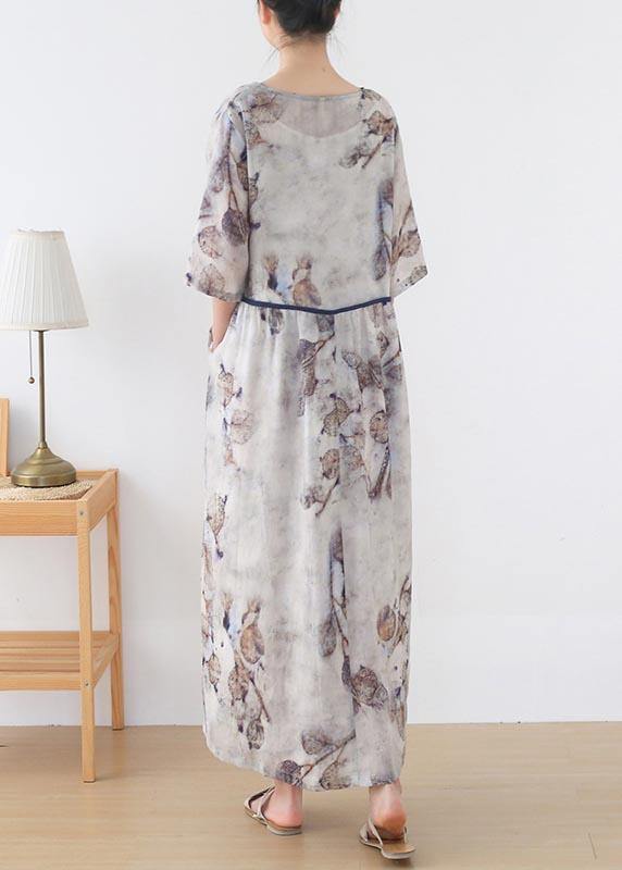 Natural White Print Cinched Summer Linen Dress - SooLinen